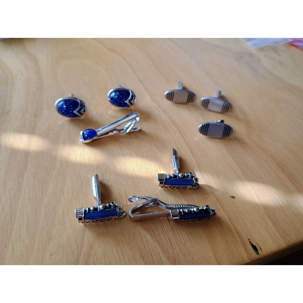 Vintage Swank Silver Tone Cufflinks With Matching Tie Pin Lot Of 3 Blue
